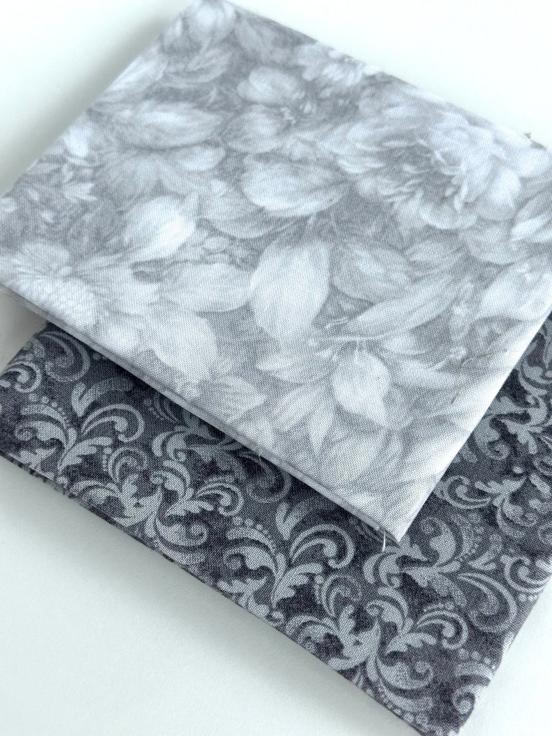 Gray Fat Quarter 2 pieces Set Light Gray Floral and Dark Gray Scroll fat quarters SEW FUN QUILTS Time Saver Quilt Kit image 3