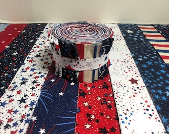Red White and Blue Quilt Fabric Jelly Roll Strips - Star Splangled Banner - 20 strips - SEW FUN QUILTS Time Saver Quilt Kit - 1 Roll