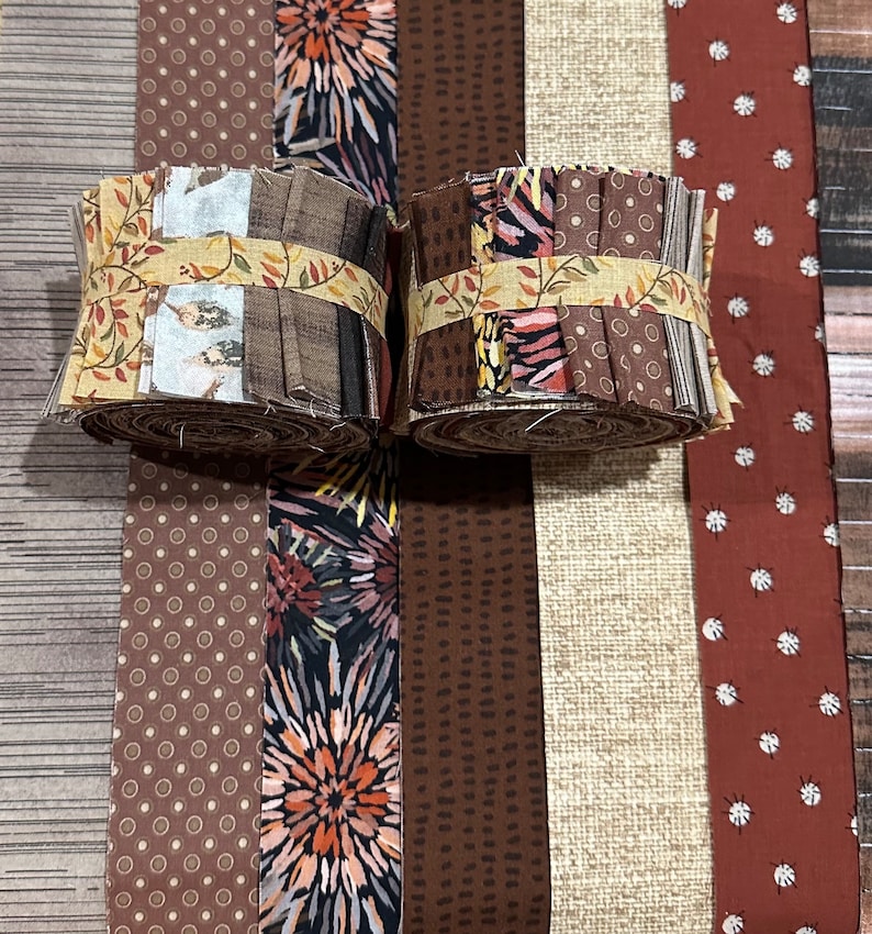 Brown Quilt Fabrics Jelly Roll 20 fabric strips Time Saver Quilt Kit by SEW FUN QUILTS 1 Roll image 1