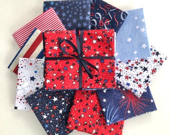 Patriotic Fat Quarter Bundle. 10 Piece Red White Blue - Fat Quarters- SEW FUN QUILTS Time Saver Quilt Kit