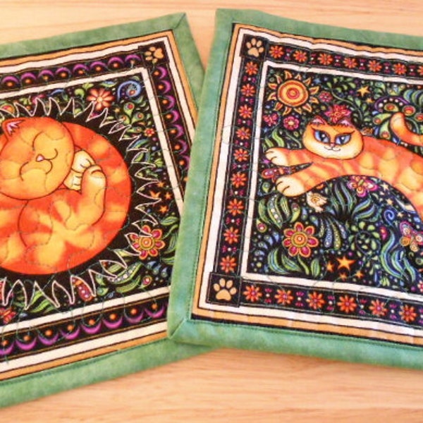 Cat Quilted Mug Rugs set of 2,  Large Coasters, Candle Mats, RJR Sew Catty Fabric