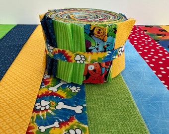 Dog Puppy Blue Green Yellow Red Quilt Fabric Jelly Roll Strips - 20 strips - SewFunQuilts Time Saver Quilt Kit - 1 roll