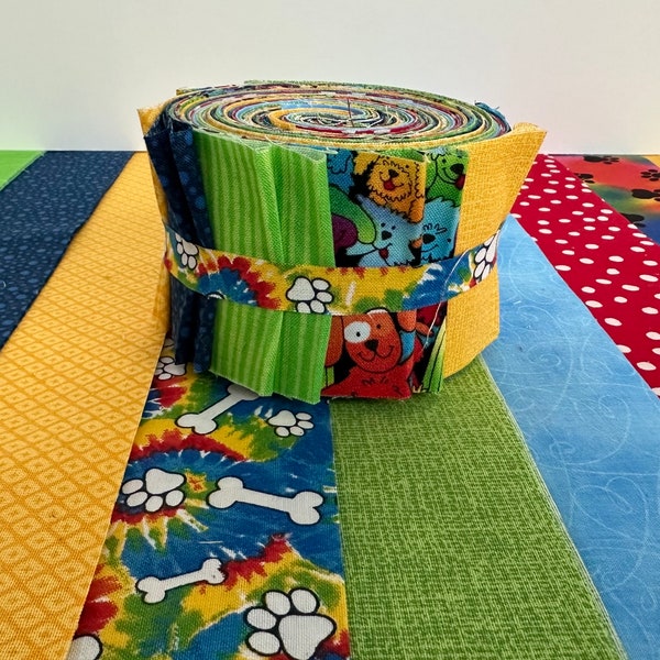 Dog Puppy Blue Green Yellow Red Quilt Fabric Jelly Roll Strips - 20 strips - SewFunQuilts Time Saver Quilt Kit - 1 roll