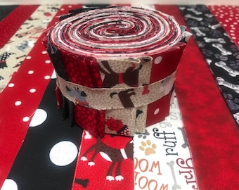 Dog Puppy Red Black Beige Quilt Fabric Jelly Roll Strips - SEW FUN QUILTS Time Saver Quilt Kit - 1 roll