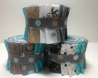 Monkey Quilt Fabrics Jelly Roll - Aqua, Gray, Brown, Tan fabric strips - 20 strips - Time Saver Quilt Kit - 1 roll -  by SEW FUN QUILTS