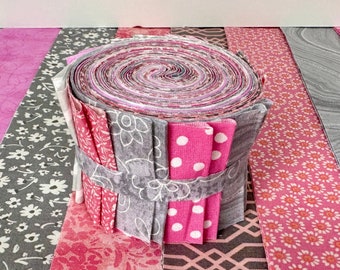 Pink and Gray Quilt Fabric Jelly Roll Strips - SEW FUN QUILTS Time Saver Quilt Kit - 1 Roll - 20 Strips