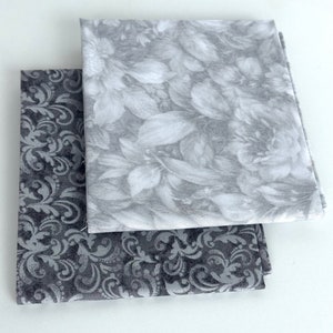 Gray Fat Quarter 2 pieces Set Light Gray Floral and Dark Gray Scroll fat quarters SEW FUN QUILTS Time Saver Quilt Kit image 2