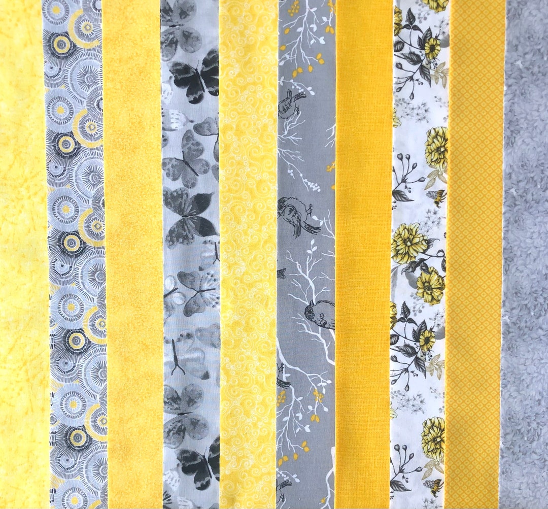 Yellow and Gray Quilt Fabric Jelly Roll Strips Traditional Flower 20