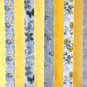 Yellow and Gray Quilt Fabric Jelly Roll Strips - Traditional Flower -20 strips - SEW FUN QUILTS Time Saver Quilt Kit - 1 Roll