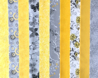 Yellow and Gray Quilt Fabric Jelly Roll Strips - Traditional Flower -20 strips - SEW FUN QUILTS Time Saver Quilt Kit - 1 Roll