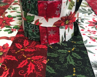 Christmas Quilt Strips Traditional Poinsettia -  10 prints, 20 strips - Christmas Quilt Fabric  -Time Saver Kit