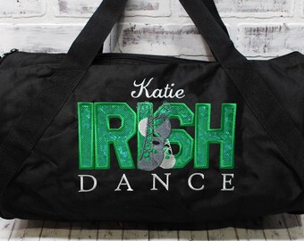 Personalized Irish DANCE Green Silver Tote or Duffle Bag - Small Black Duffle Bag Shown