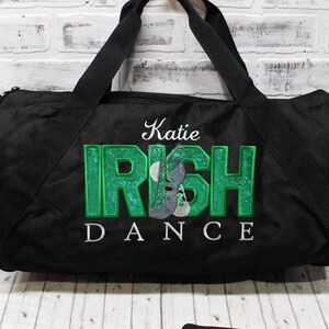 Personalized Irish DANCE Green Silver Tote or Duffle Bag - Small Black Duffle Bag Shown