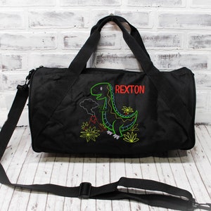 Personalized Kids Dinosaur Trex Bag For Boys Travel Bag Small Black Duffle Shown