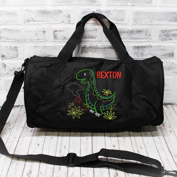 Personalized Kids Dinosaur T-rex Bag For Boys, Travel Bag- Small Black Duffle Shown