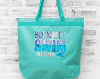 Personalized Born to Swim Mermaid Bag for Girls- Teal Square Tote Shown