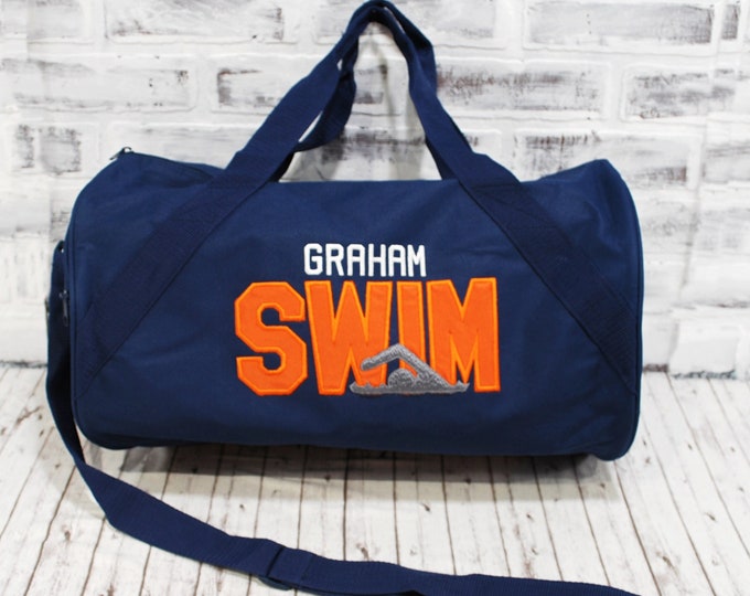Personalized Swim Custom Color Duffle or Tote Bag Swim Team- Small Navy Duffle Bag Shown