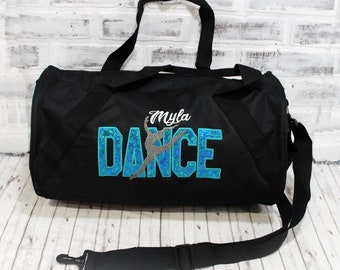 Personalized Modern Dance Teal Duffle or Tote Bag - Small Black Duffle Bag Shown, Boy or Girl