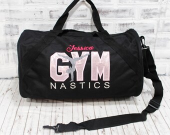 Personalized Gymnastics Light Pink Shimmer Bag  Small Black Duffle Bag Shown