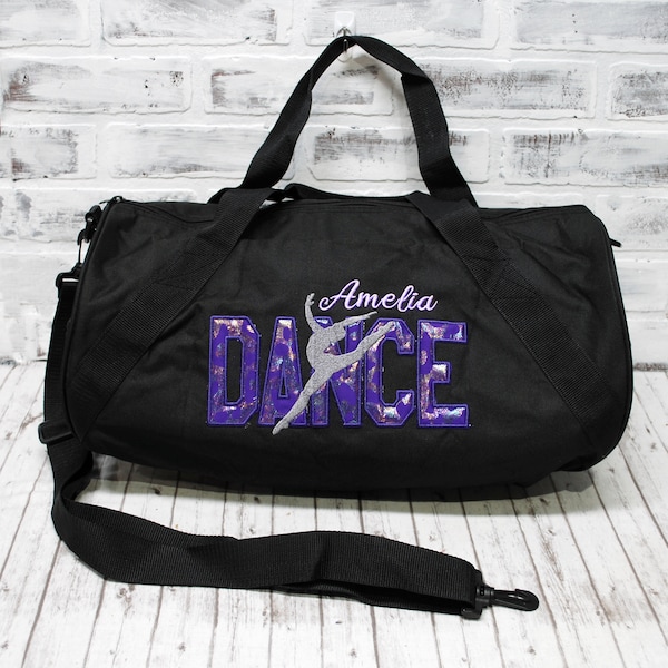 Personalized Modern Dance Purple and Lilac Duffle or Tote Bag - Small Black Duffle Bag Shown