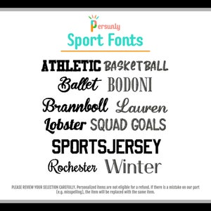 May include: A graphic design image with a list of sport-themed fonts, including "Athletic", "Basketball", "Ballet", "Bodoni", "Brannboll", "Lauren", "Lobster", "Squad Goals", "Sportsjersey", "Rochester", and "Winter".