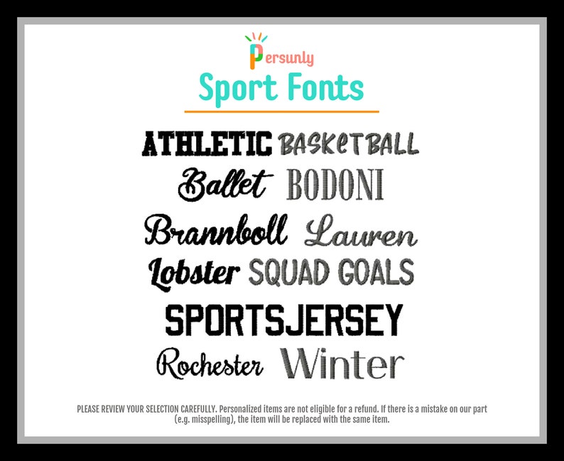 May include: A graphic design image with a list of sport-themed fonts, including "Athletic", "Basketball", "Ballet", "Bodoni", "Brannboll", "Lauren", "Lobster", "Squad Goals", "Sportsjersey", "Rochester", and "Winter".