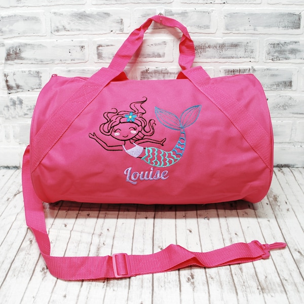 Personalized Girls Floral Mermaid Duffel Bag, Summer Camp, swim bag-Small Pink Duffle Shown