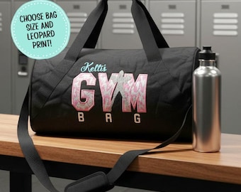Personalized Black Gym Bag: Embroidered Workout Bag With Name Leopard Print In Four Sizes