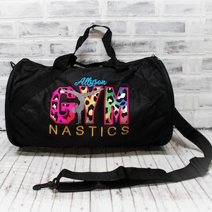 Personalized Gymnastics Bag Bright Rainbow Leopard - Small Black Duffle Bag Shown