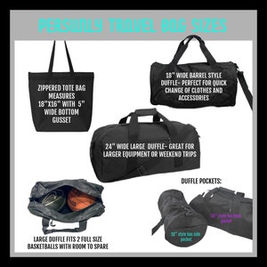 May include: Three black travel bags with different sizes and styles. The smallest bag is a tote bag with a zippered top and measures 18 inches by 16 inches. The middle bag is a duffel bag that measures 24 inches wide. The largest bag is a duffel bag that measures 18 inches wide. The text on the bags describes the size and features of each bag.