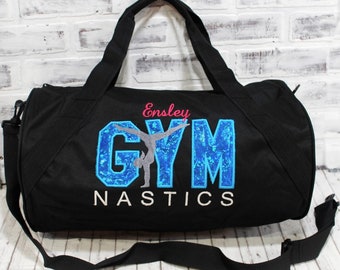 Personalized Gymnastics Travel Bag - Turquoise and Fuchsia Duffel Bag, Tote Bag, Weekend Luggage - Small Black Duffle Bag Shown