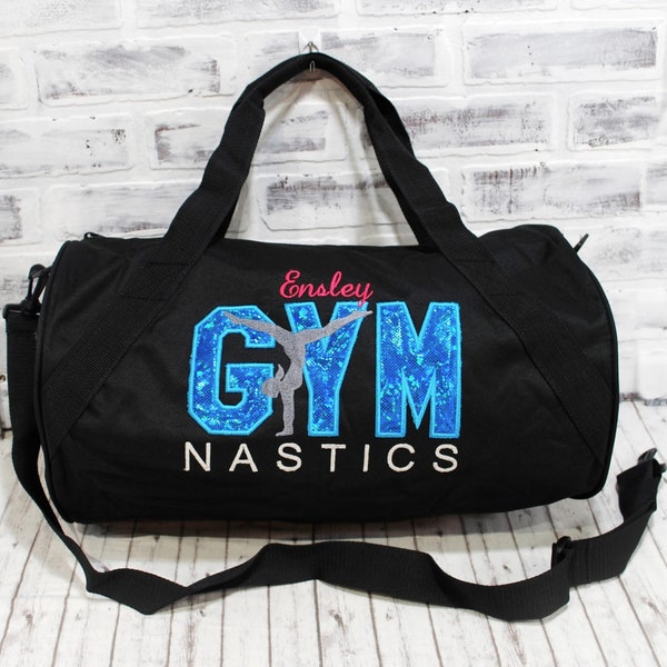 Personalized Gymnastics Travel Bag - Turquoise and Fuchsia Duffel Bag, Tote Bag, Weekend Luggage - Small Black Duffle Bag Shown