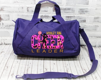 Personalized Girl's Cheer Bag - Bright Pink Gold Leopard Print - Small Duffle Bag Shown