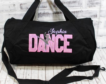 Personalized Dance Ballerina Pink Shimmer Duffle or Tote Bag - Small Black Duffle Bag Shown