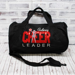 Personalized RED and white Cheerleader Bag Custom Bag Color Small Black Duffle Bag Shown