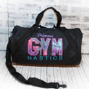 Personalized Gymnastics Bag with Pink Purple Ombre-Custom Bag Color— Shown on Small Black Duffle