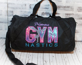 Personalized Gymnastics Bag with Pink Purple Ombre-Custom Bag Color— Shown on Small Black Duffle