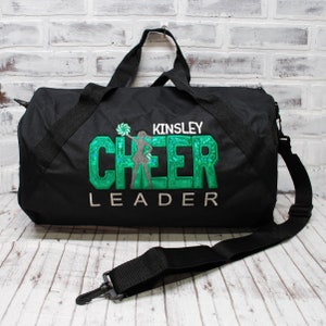 Personalized Cheerleader Kelly Green Shimmer sports duffel bag for girl cheerleaders with name custom tote bag for travel and competition