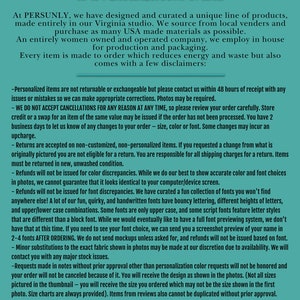 May include: A text-based image outlining the terms and conditions for personalized items sold by Dragon's Gear, a PERSUNLY.com brand. The text includes information about returns, cancellations, and font choices.