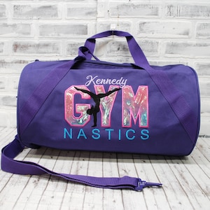 Sac de sport personnalisé de gymnastique rose bleu ombré pour fille, sac de voyage avec nom, sac fourre-tout personnalisé pour gymnaste, sac de compétition en violet