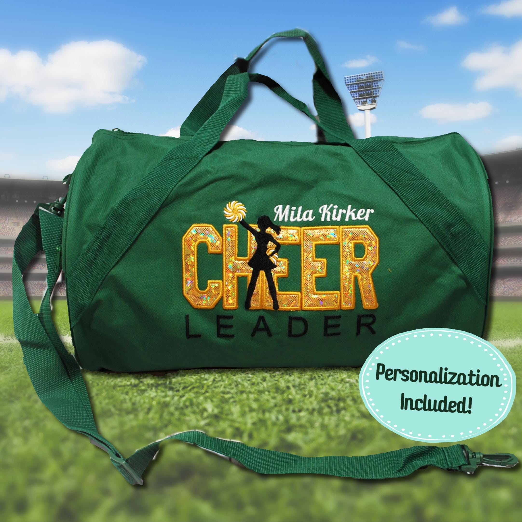 Personalized Forest Green Gold Cheer Bag For Girls Cheer Tote Bag With Name Duffle Custom Shimmer Gold With Hunter Green For Cheer Leaders