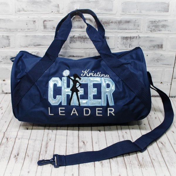 Personalized Carolina Blue, Boy or Girl Cheerleader Bag - Custom Bag Color - Small Navy Duffle Bag Shown