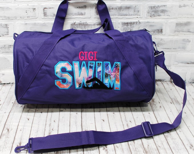 Personalized Galaxy Girls Swim Sports Bag-Small Purple Duffle Shown