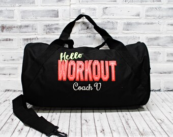 Hello Workout//Personalized Gym Bag//Work out bag women//Working out//crossfit  Small Black Duffle Bag Shown