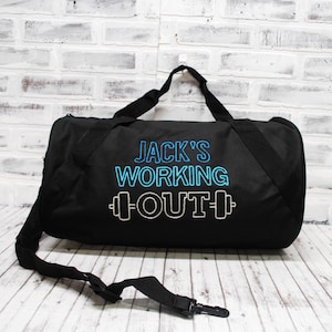 Personalized Men&#39;s Gym Bag Work Out Fitness Gift Weightlifting Crossfit  Small Black Duffle Bag Shown