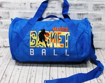 Personalized Orange and Blue Basketball Bag for Girls or Boys, available in 3 sizes - Small Royal Duffle Bag Shown
