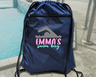 Personalized Swim Girls Drawstring Backpack  Cinch Sac  For Camp  Swim Classes  Choose your colors!