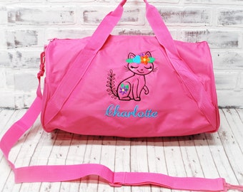 Personalized Girls Floral Kitty Cat Duffel Bag or Tote Bag-Small Pink Duffle Shown