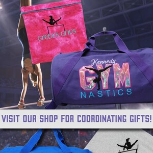 May include: A gift guide for gymnasts featuring personalized gym bags and a gray sweatshirt with the text "Class of 2024 Riley Franklin".