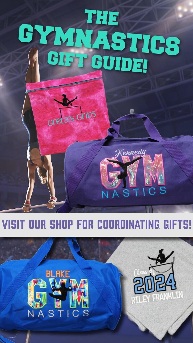 May include: A gift guide for gymnasts featuring personalized gym bags and a gray sweatshirt with the text "Class of 2024 Riley Franklin".